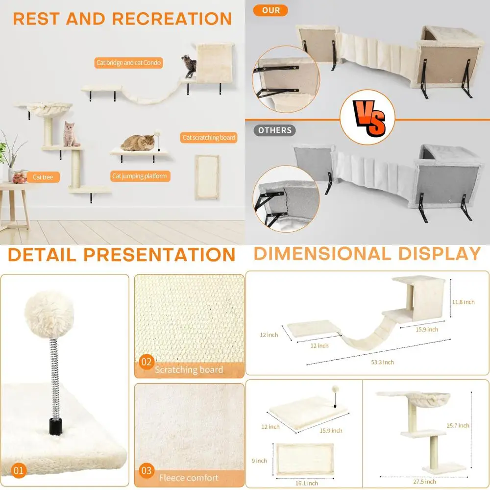 

Multi-Level Wall-Mounted Cat Climber with Perches, Bridge, Hammock, Scratching Board & Ball - Space-Saving Indoor Play Set in Da