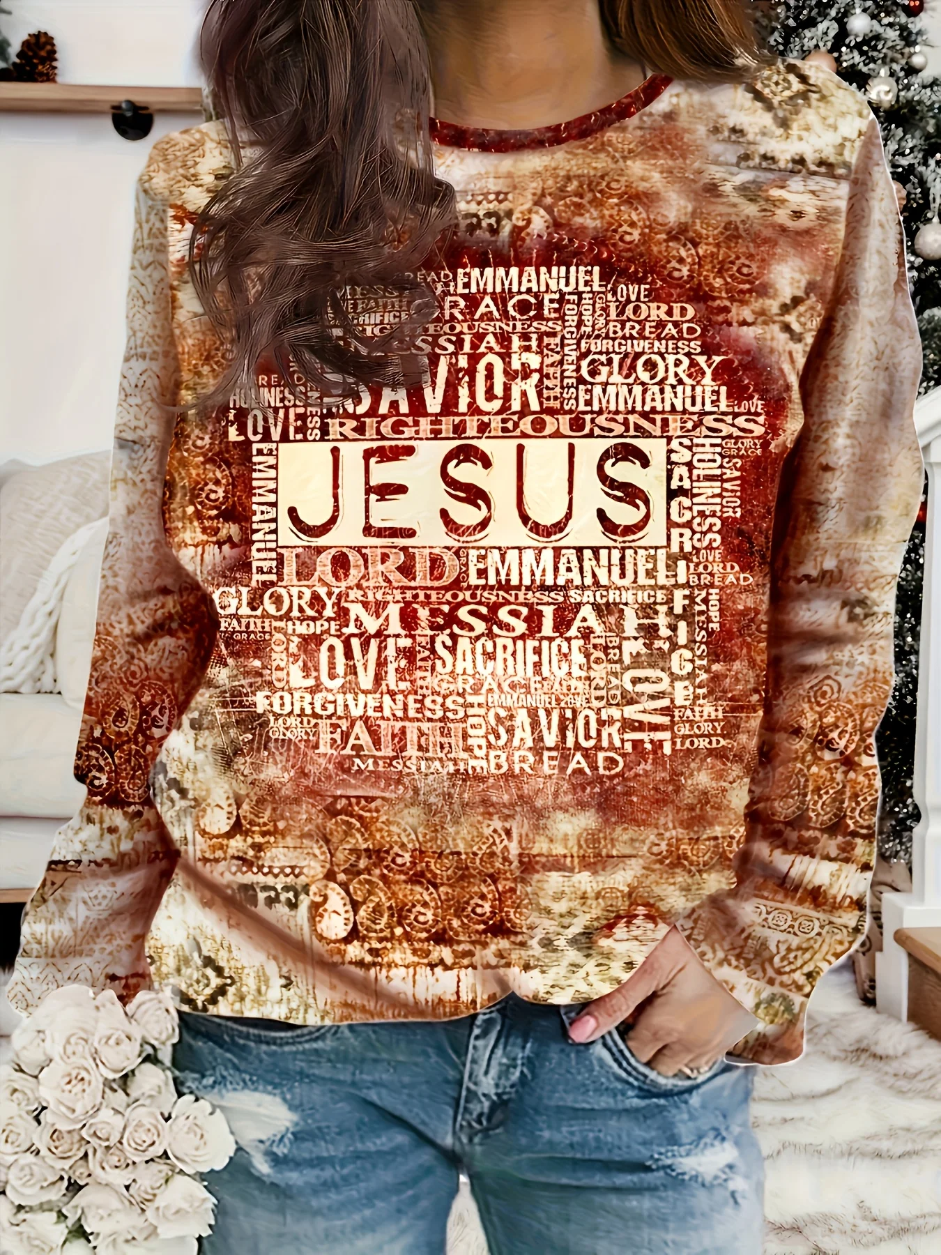 Women's Long Sleeve T-Shirt, Jesus Savior Emmanuel Grace Love Glory Religious Word Art Print Top, All-Winter Holiday Style Top Suitable For Leisure And Sports Scenarios