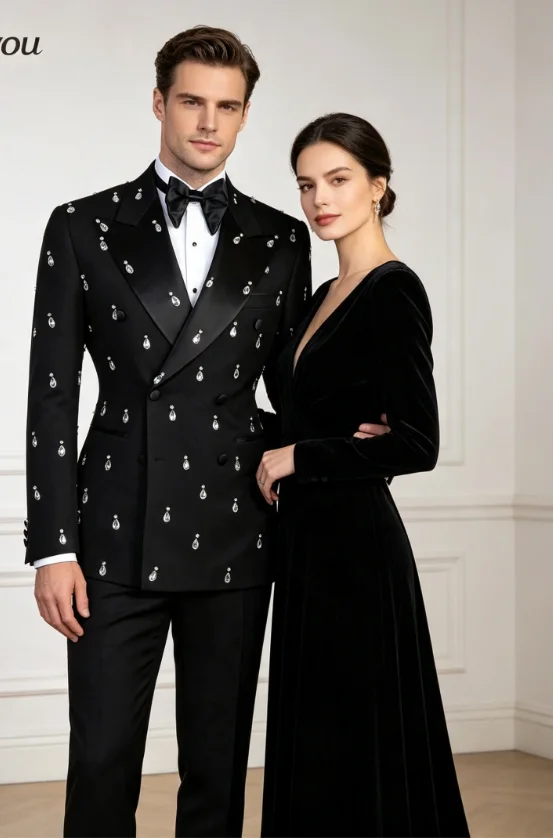 Luxuly Crystal Pendant Men Suits High-end Prom Male Blazers Slim Fit Peak Lapel Groom Wedding Tuxedos 2 Pieces Sets Ropa Hombre