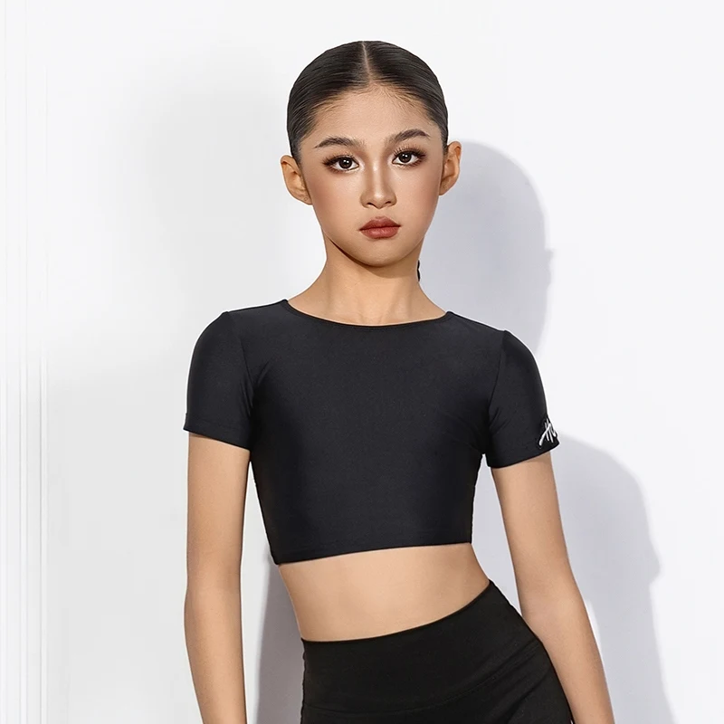 

2025 Children Latin Dance Tops For Girls Short Sleeved Practice Clothes Chacha Rumba Tango Kids Latin Dance Costumes DQS19622