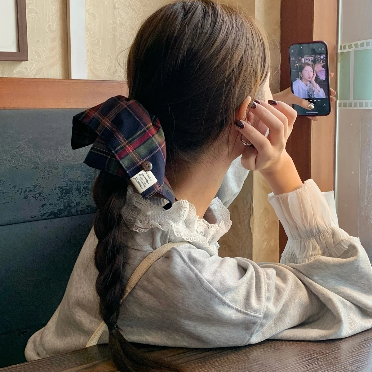 1PC Plaid Scarf Scrunchie - British Collegiate Style, Versatile Button Hair Tie, Elastic Hair Rope for Low Ponytails, Hair Acces image 3