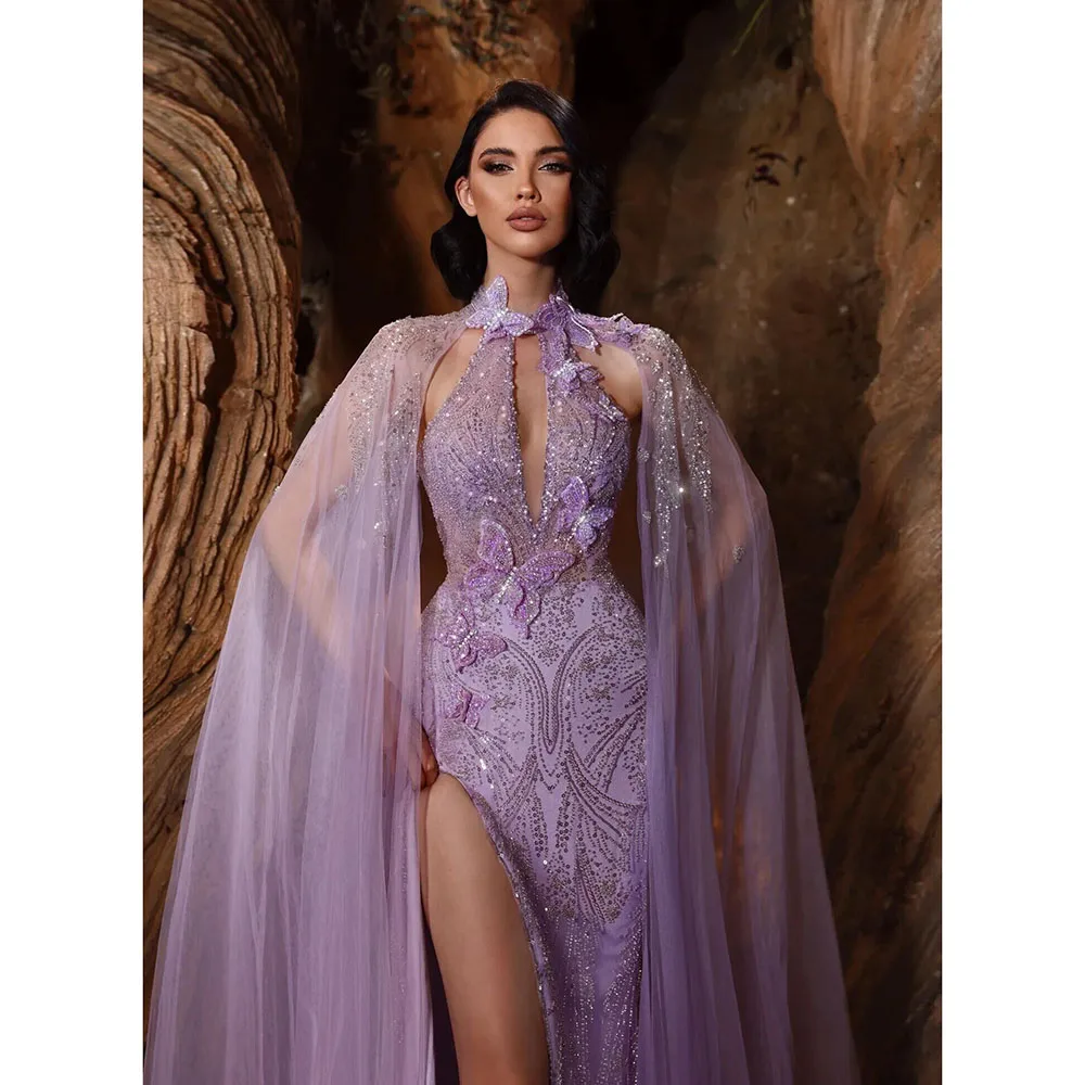 

Luxury Lavender Shiny Beaded Lace Split Long Evening Gowns With Tulle Cape 3D Butterfly Pretty Bridal Dresses Women Formal Dress