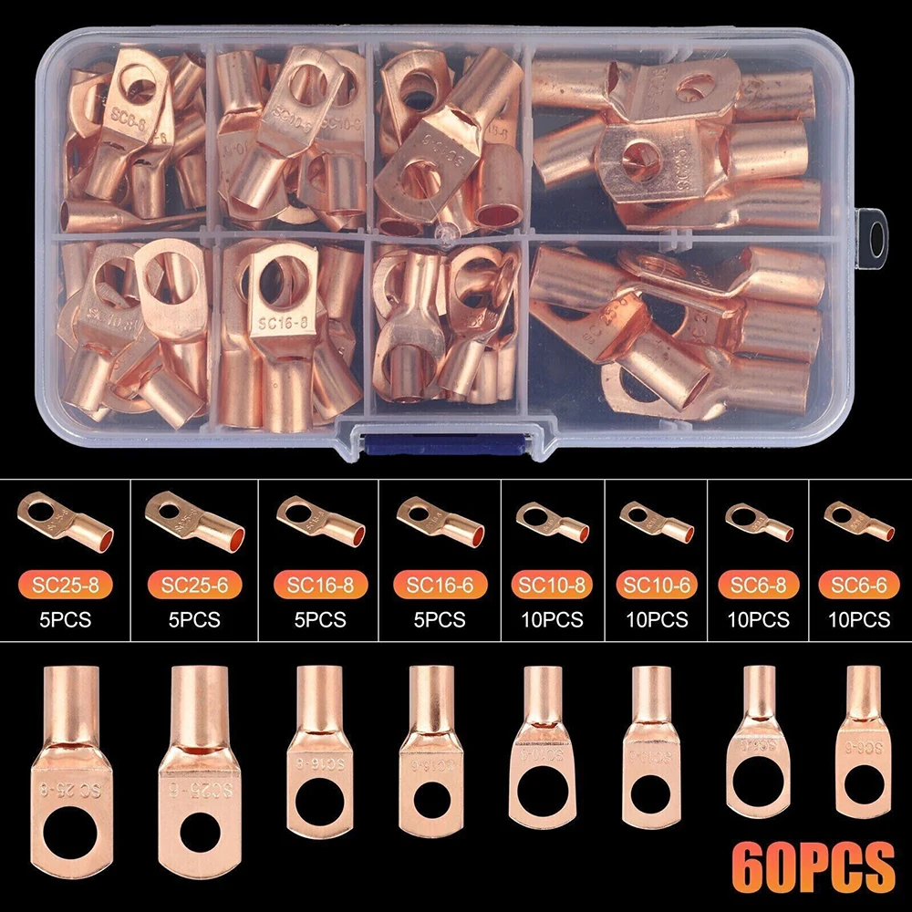 60 piece SC6-25 copper wire lug battery cable terminal connector classification kit