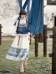 New Chinese Style [Indigo Dyeing Qianzhai] Ethnic Embroidered Printed Full Set Strap Skirt 2024 Autumn Summer Vacation Style Set