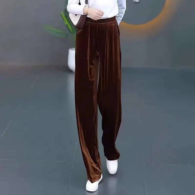 Pantalones Pleuche de moda coreana para mujer, pantalones elásticos de cintura alta, bolsillos sólidos, sueltos, de oficina, rectos, de pierna ancha, Otoño e Invierno