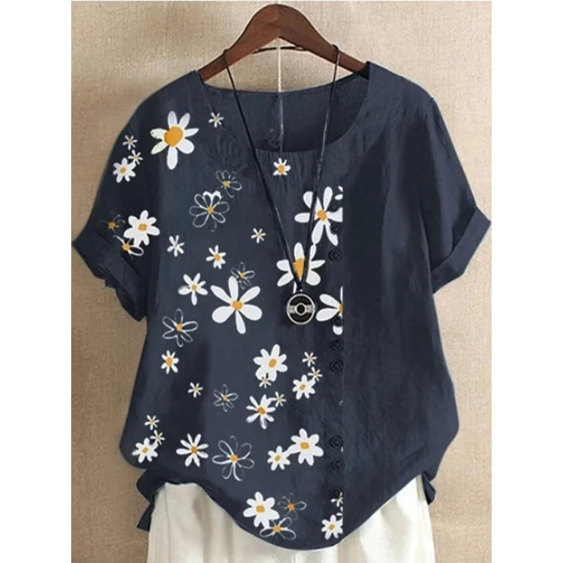 Summer Plus Size Linen Daisy Print Short Sleeve Blouses for Women Polyester Tee Shirts O-Neck Loose Pullover Top Lady Clothes