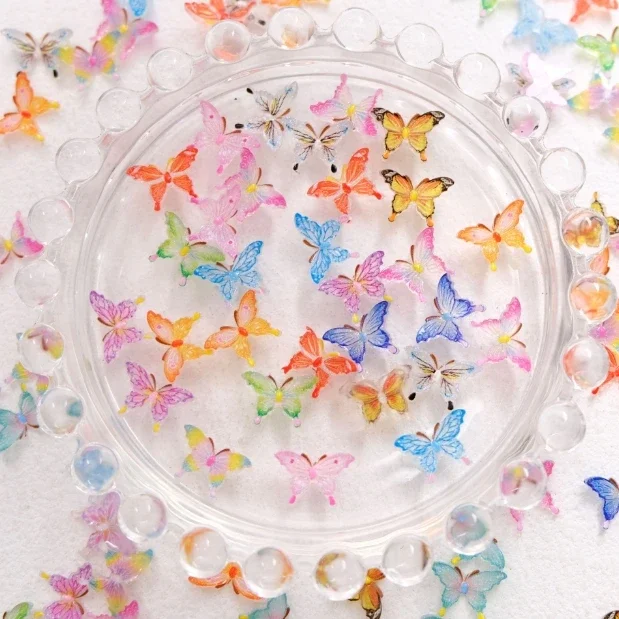 50pcs Glitter Resin Colorful Mini Crystal Butterfly Nail Art Flatback Rhinestone Figurines DIY Miniatures Scrapbook Decor Crafts