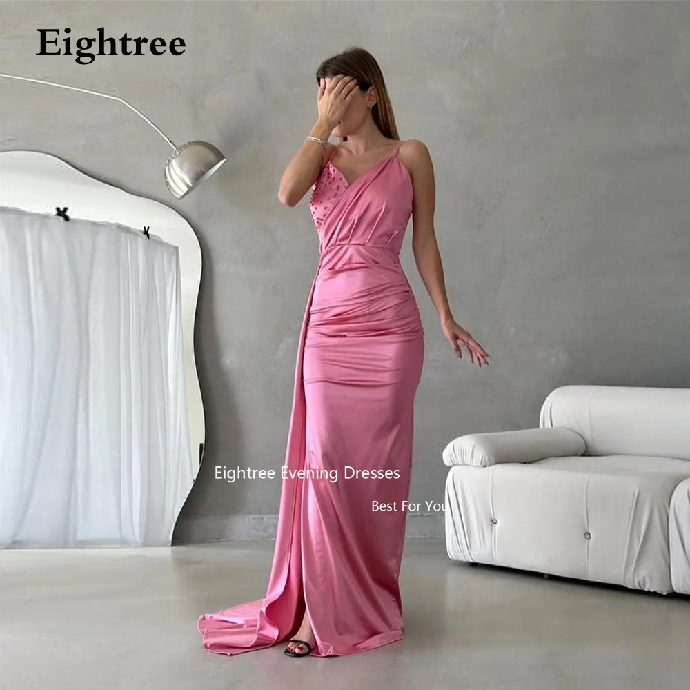 

Eightree Rose Pink Spaghetti Strapls Modern Prom Dresses Stain Mermaid Beadings Backless Vestidos De Fiesta Formal Dress 2023