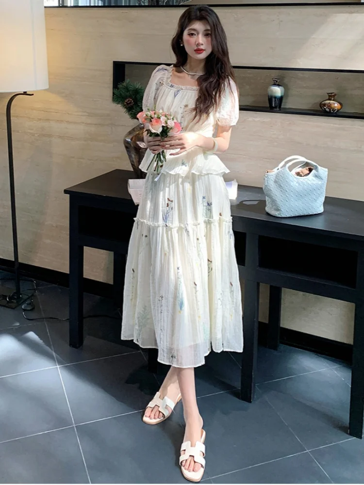 

High Quality New Summer Vacation Style Apricot Embroidery Flower Top Two-Piece Set Women's Elastic High Waist Long Skirt Outfits