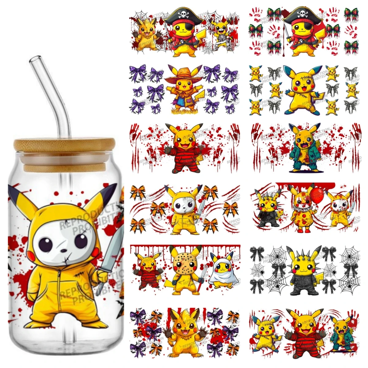 

Miniso Pokemon Pikachu Halloween Series UV DTF Transfer Sticker Waterproof Transfers Decals For 16oz Glass Cup Wrap Stickers