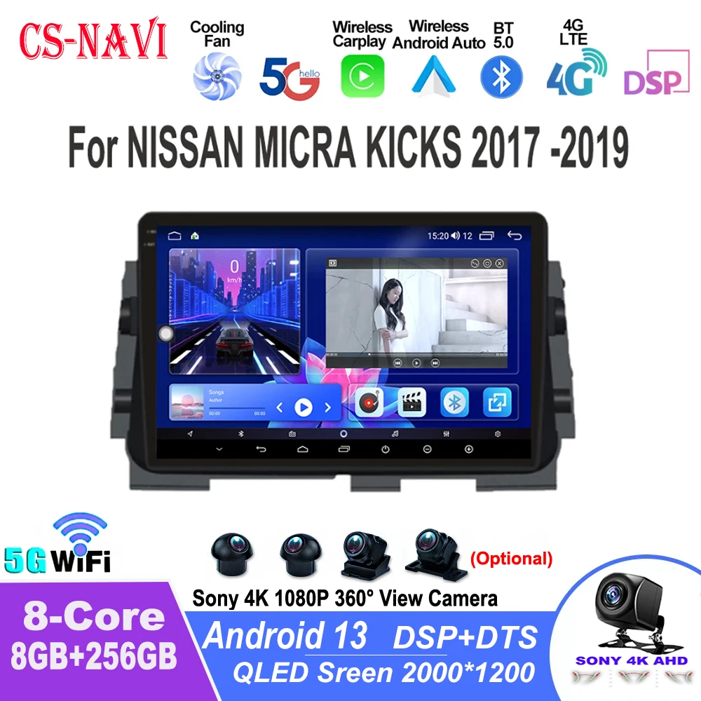 For NISSAN MICRA KICKS 2017 2018 2019 Android13 Car Radio GPS Navigation Bluetooth Multimedia Player Carplay Auto 4G LTE 5G WIFI