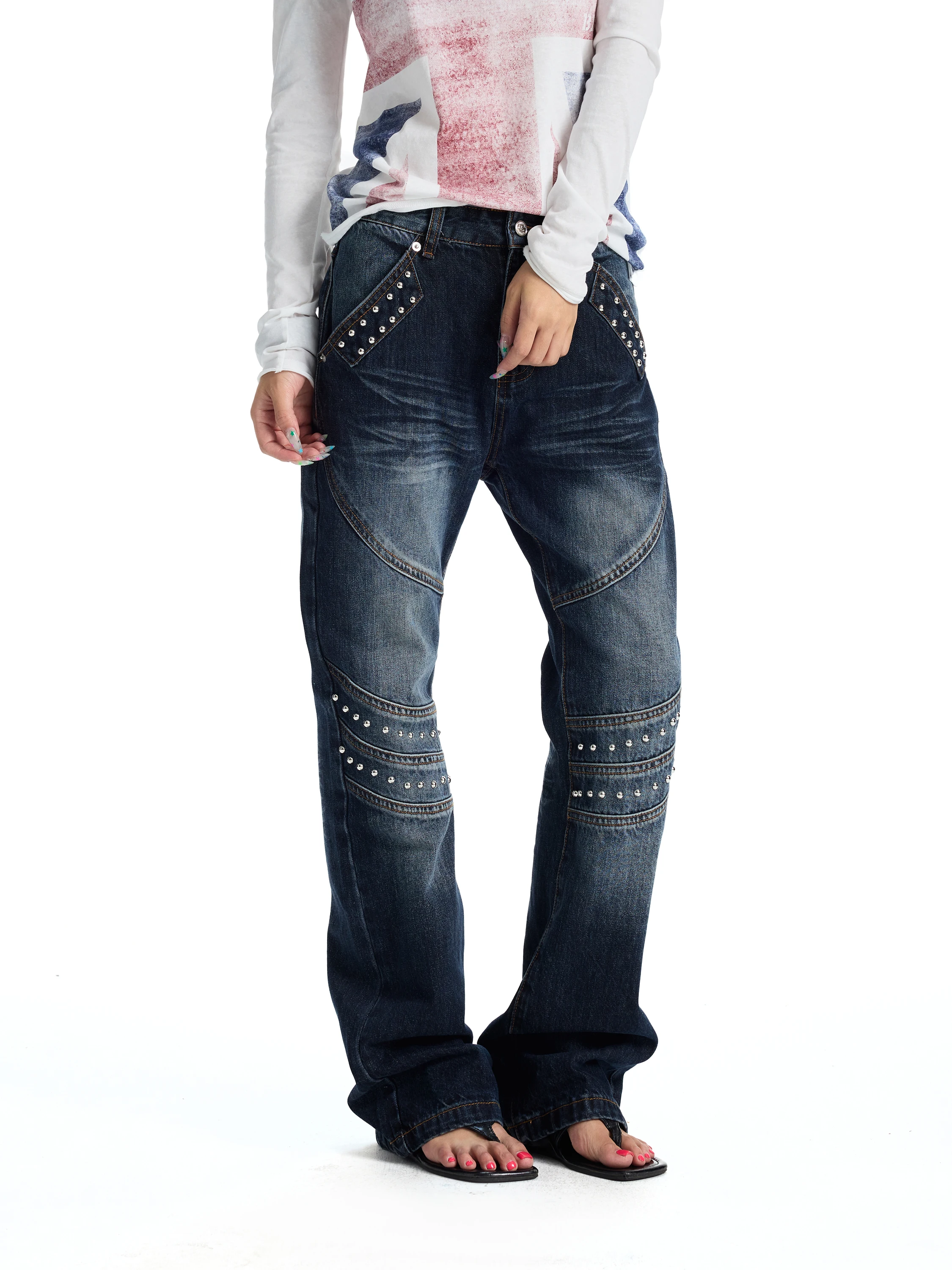 Antsstna American Retro Washed out Structure Sequin Embroidery Jeans Slimming Versatile Design Long Pants Cotton Natural Waist