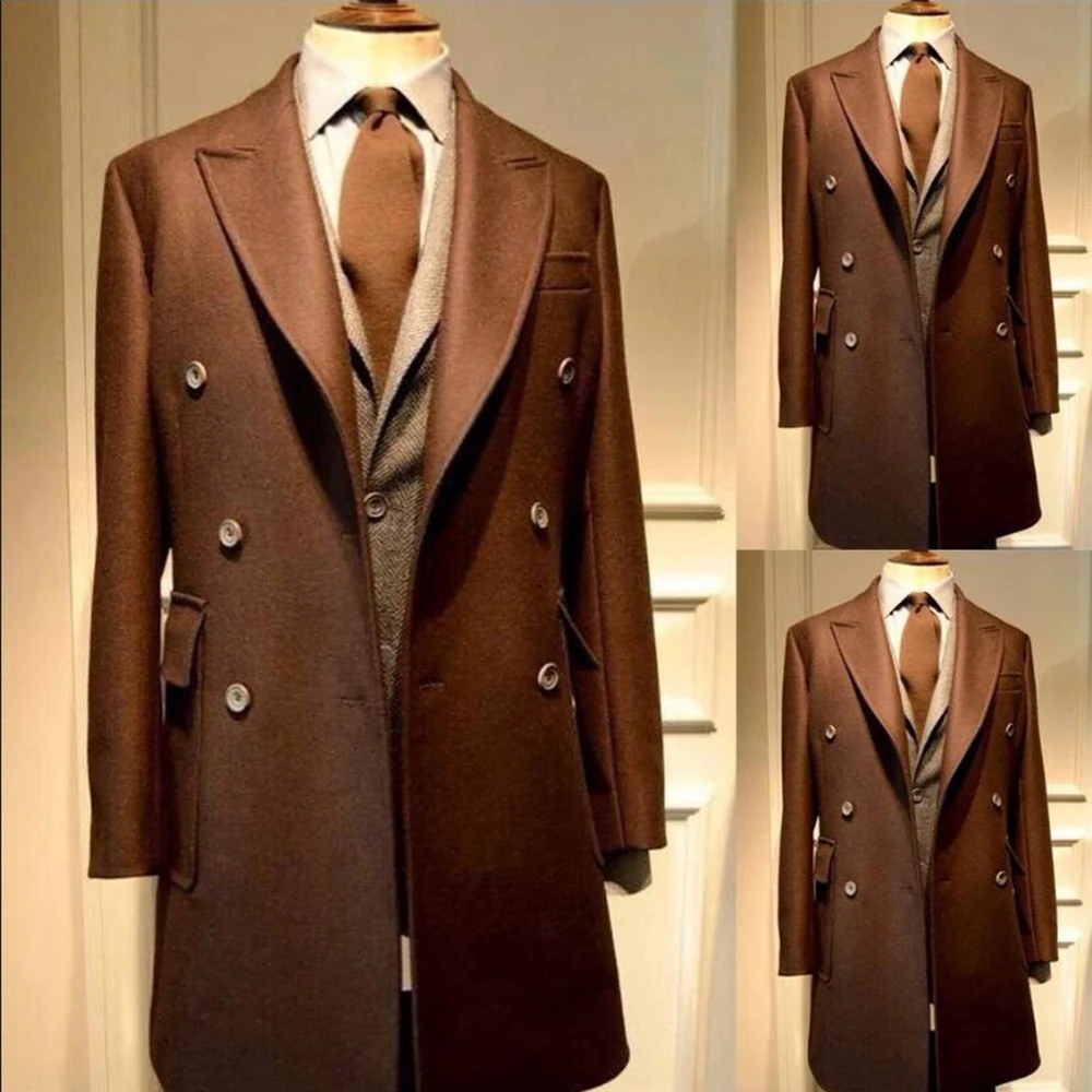 

Vintage Tweed Wool Blend Trench Coat Long Double Breasted Prom Blazers Customized 1 Pieces Groom Tuxedos Outfits Man Clothing