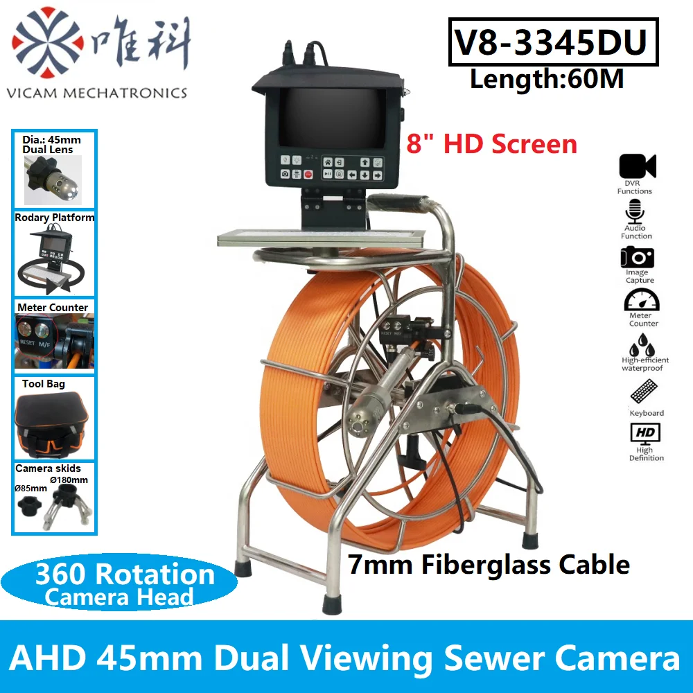 Dual-Lens Rotation Sewer Drain Inspection Camera HD DVR System 8 Inch Screen Meter Counter Pipe Inspection Camera System