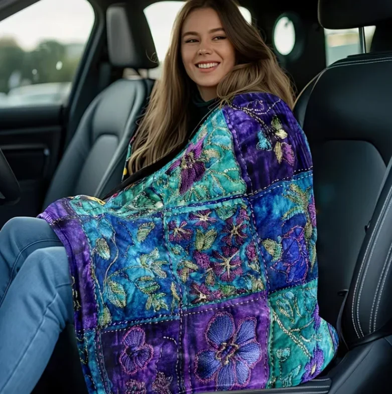 Soft Warm Flannel Patchwork Throw Blanket - Purple Floral And Checkerboard Bed Cover All-Season Sofa Bed Travel 2D Flat Style