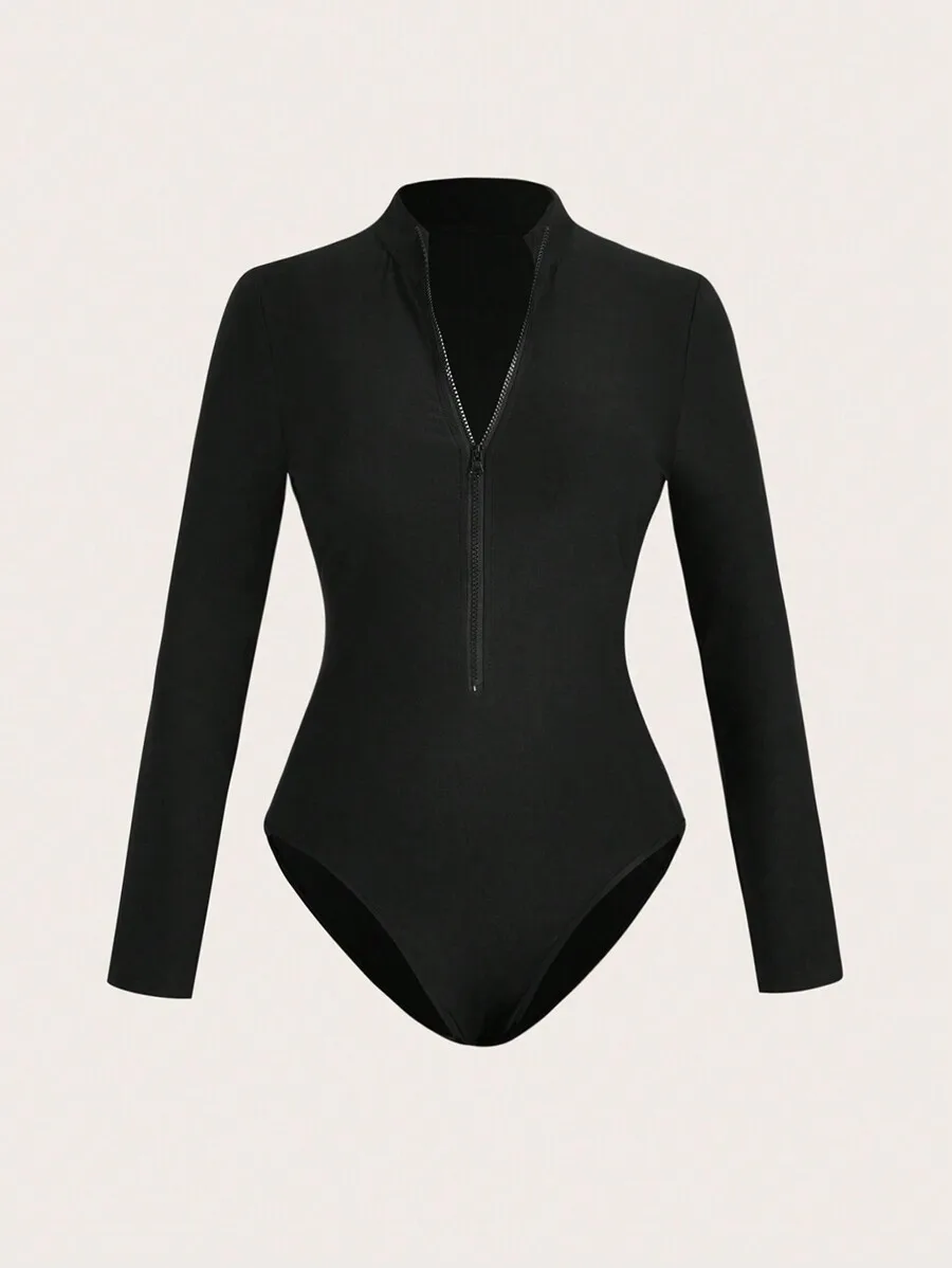 

Женский однотонный черный боди с длинными рукавами и молнией спереди, с высокой степенью эластичности