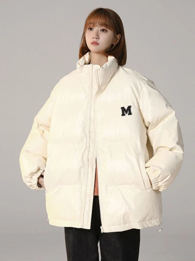 Zoki Korean Sweet Pu Parkas Women Oversize Long Sleeve Letter Puffy Coats Vintage Preppy Style Winter Elegant Cotton Down Jacket