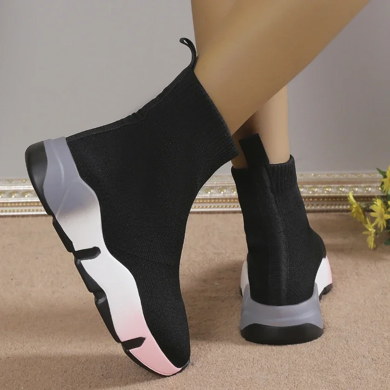 Shoes Women Large Size Fashion Winter Short Tube Flat Socks Boots Round Head Mid-heel Sleeve Sneakers for Women Vulcanized Shoes