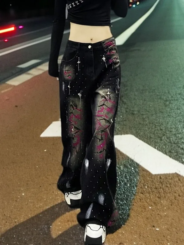 

Fashionable Printed Wide Leg Denim Jeans Women's Loose Fit High Waist Straight Leg Long Pants Spring 2026 Elegant Style Glitter