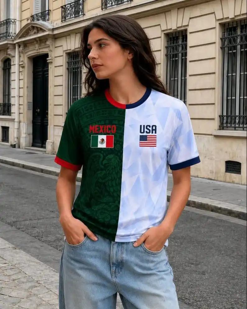 Women Mexico USA Split Flag Soccer Fan T-Shirt Crewneck Short Sleeve Breathable Quick Dry Streetwear Casual Football Shirt
