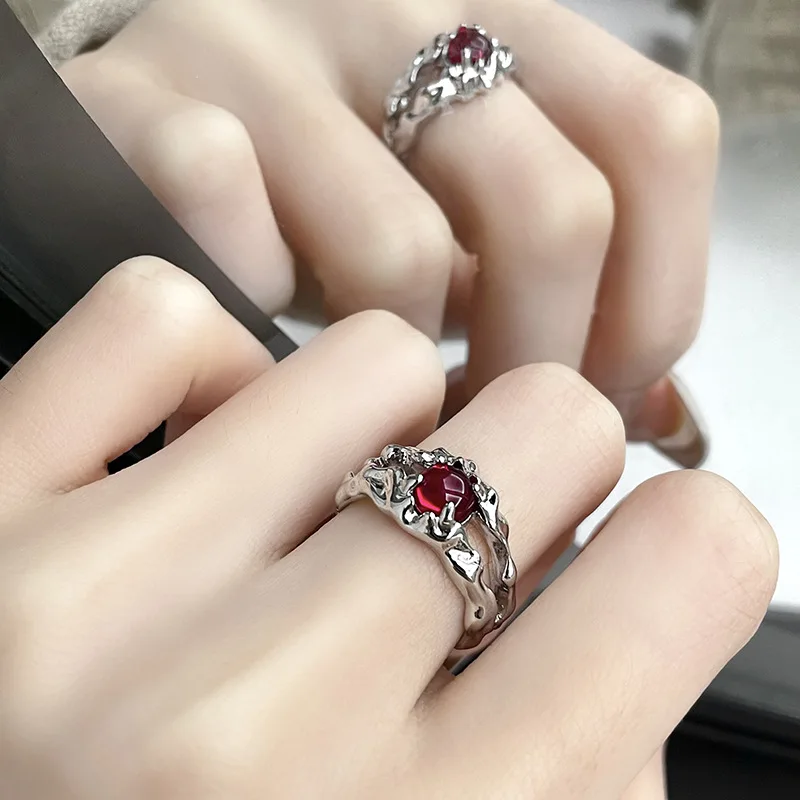 1pc Fashion Folded Hollow Geometry Sense Of Design Simple Metal Imitation Ruby Silver Color Red Color Ring Woman Party Prom Gift