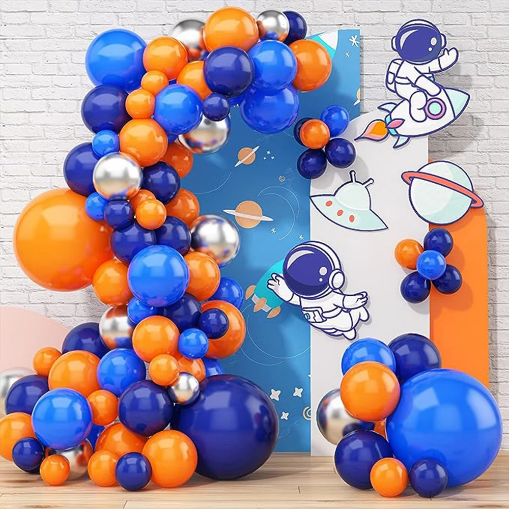 Blue Balloons Garland Arch Royal Blue Orange Silver Latex Balloon Kit Kids Space Party Birthday Baby Shower Decoration Supplies