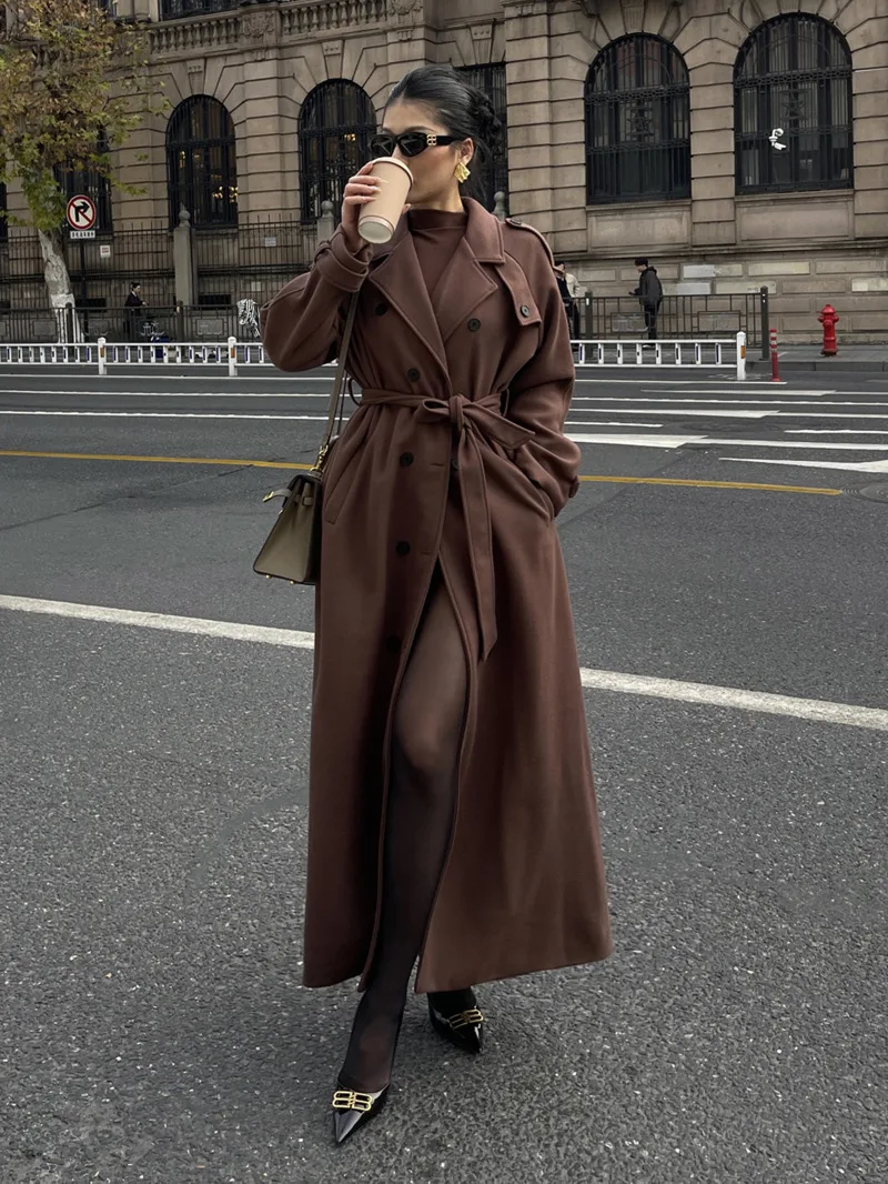 V-neck Double Breasted Temperament Windbreaker Woolen Coat Women's Winter New Loose Casual Long Coat Trench Brown Tops LS1X