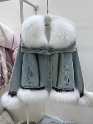 2024 New Winter Women'sNatural Real Fox Fur Collar Outwear Goose Down Jacket Denim Jacket Luxury Female Coats