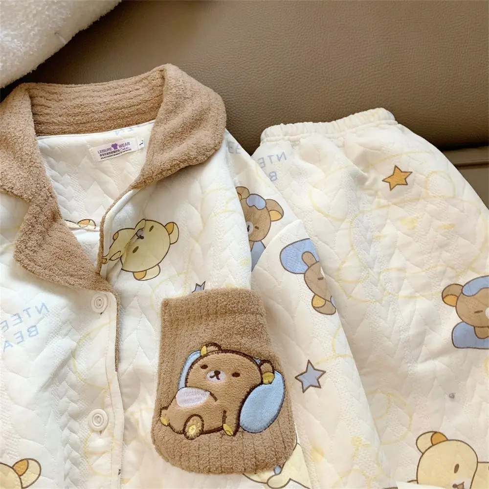 

Kawaii Rilakkuma Sleepwear Cute Cartoon Women's Autumn Winter Cotton Warm Pajamas Student Home Clothes Two-piece Set Girl's Gift