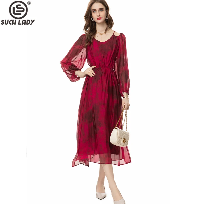 

Women's Pure Silk Runway Dresses O Neck Long Sleeves Printed Fashion Casual Mid Vestidos