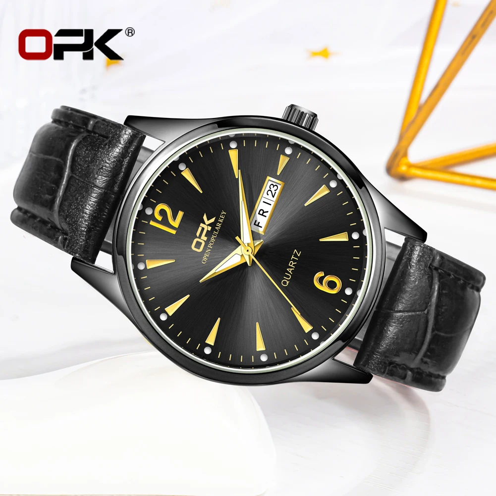 OPK brand luminous waterproof double calendar belt men's quartz watch 8138