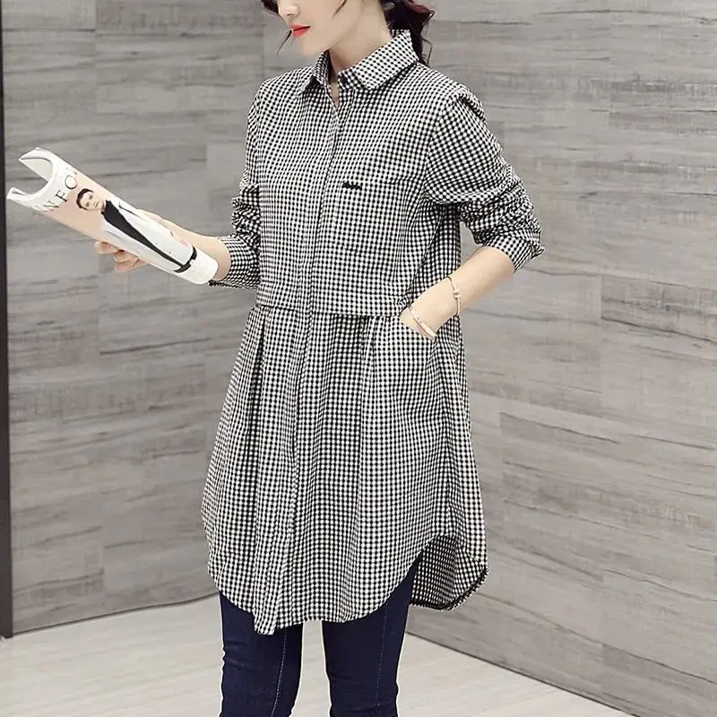 All-match Button Plaid Print Midi Shirt Female 2023 Spring Autumn New Korean Fashion Spliced Loose Long Sleeve Polo-Neck Blouse