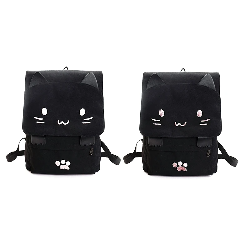 

NEW-2 PCS Fashion Cute Cat Embroidery Canvas Student Cartoons Women Backpack Leisure School Bag,Black+White & Black+Pink