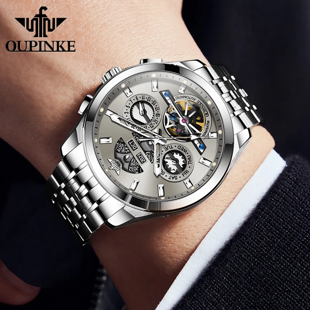 OUPINKE Mechanical Watch for Men Multifunctional Chronograph Waterproof Flywheel Grey Wristwatches Automatic Movement Watch