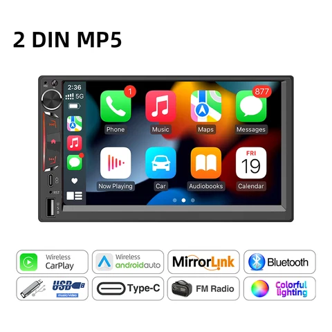 2DIN 7-дюймовый Автомобильный Мультимедийный MP5-плеер С Беспроводным CarPlay И Android Auto, Сенсорным Экраном, Bluetooth