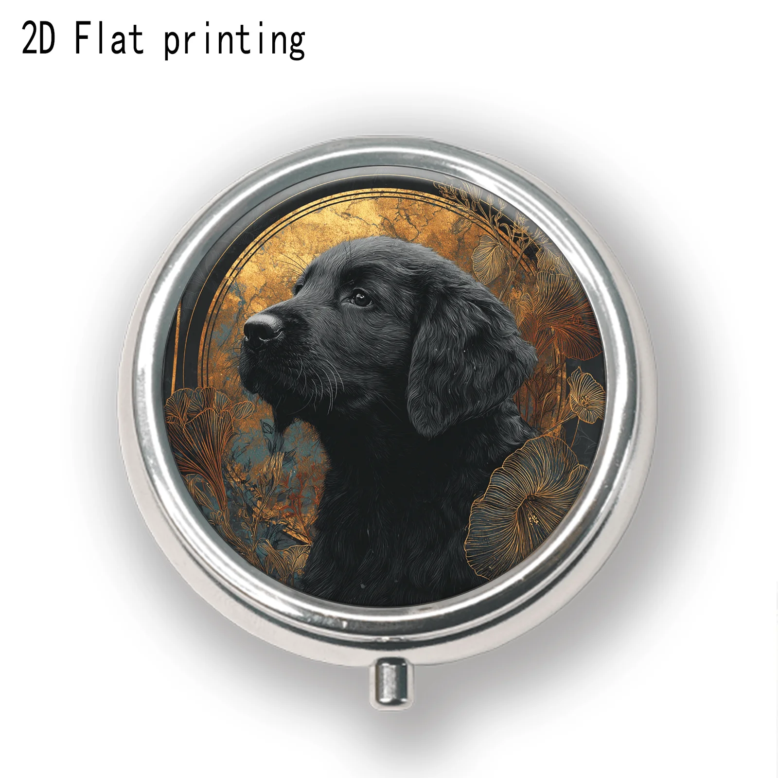 Black Gold Light Luxury Style with Black Dog Plant Line Drawing Pattern, Round Three-Compartment Small Medicine Box, Portable Medicine Storage, Small Jewelry Storage, Suitable for Handbags or Travel, Holiday Gifts, Souvenirs, Prizes, Small Gifts, Suitable for Personal Use or as an Exquisite Gift Option
