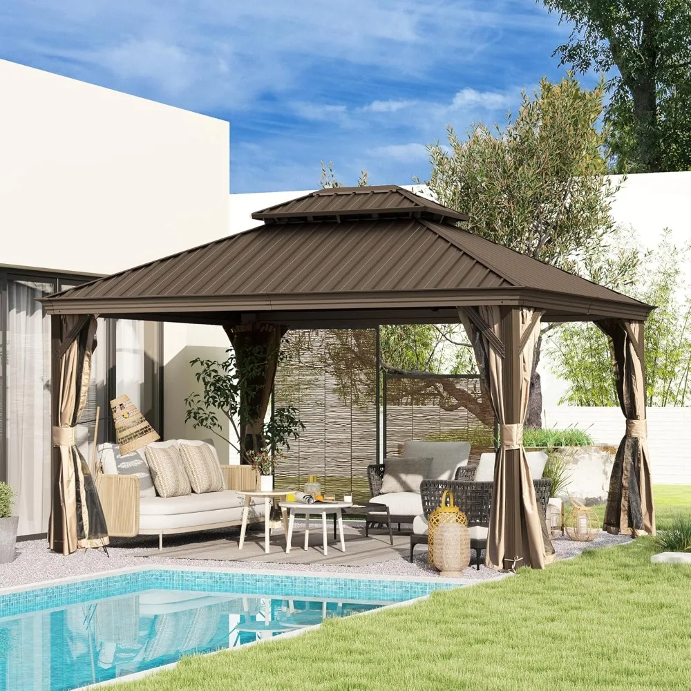 

12x14FT Outdoor Gazebo, Hardtop Gazebo with Galvanized Steel Double Roof, Metal Gazebos with Drainage System Patio Pergola