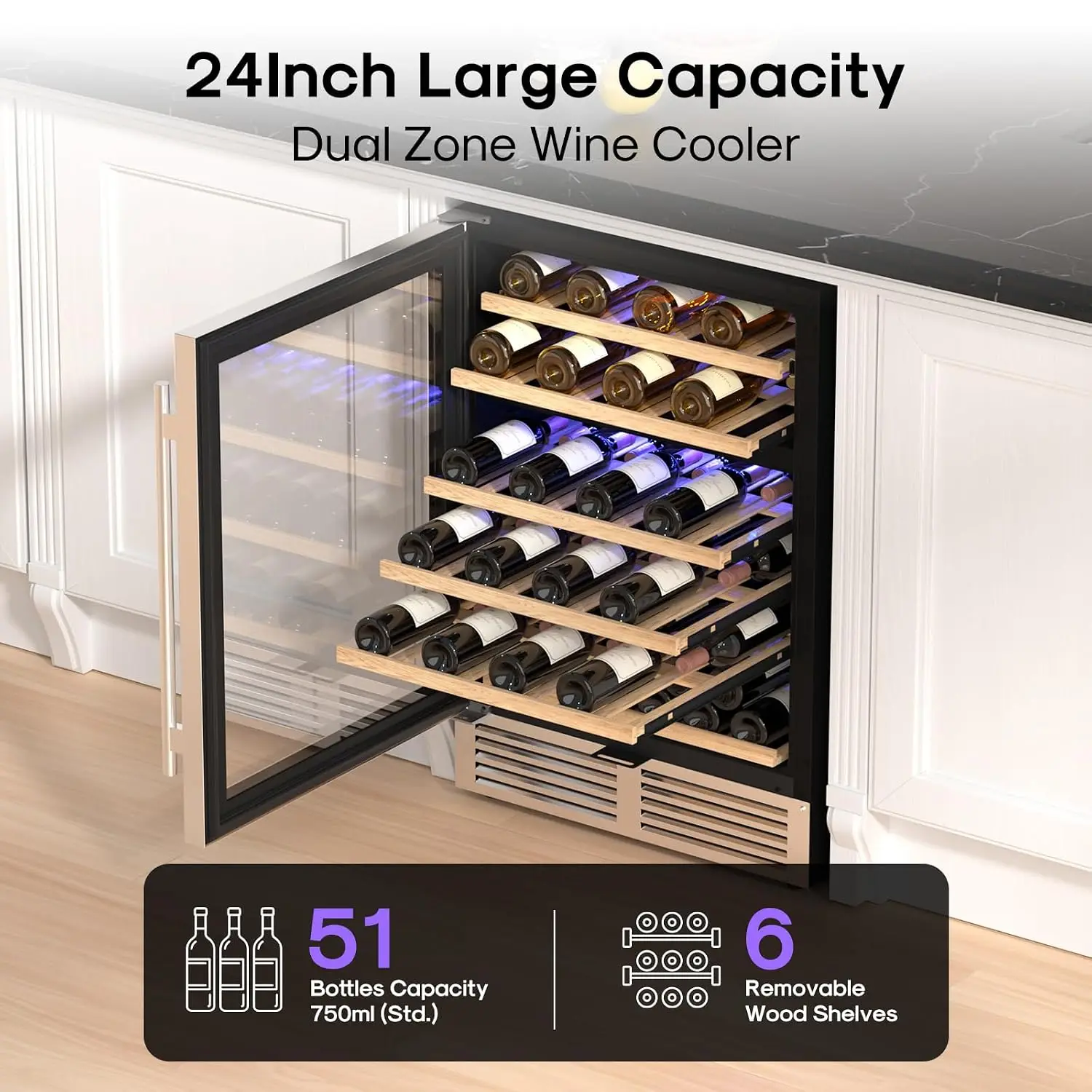 24 Inch Dual Zone Wine Fridge with 51 Bottle,40-65°F Touch Control | Built-In or Freestanding, Under Counter Wine, Customized