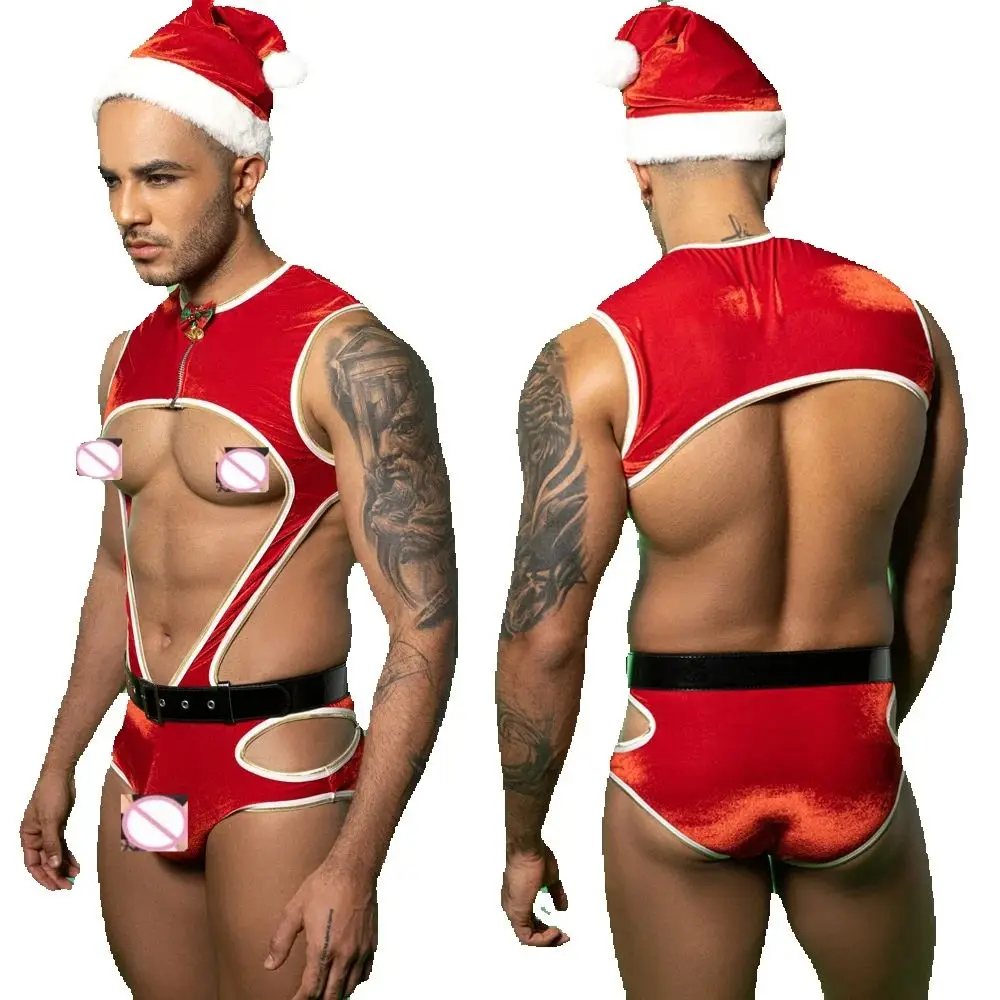 Nueva ropa interior Sexy de 3 piezas para hombre, mono rojo con tirantes, pantalones sin mangas con cinturón, peleles navideños, sombrero de Bondage general negro de piel blanca