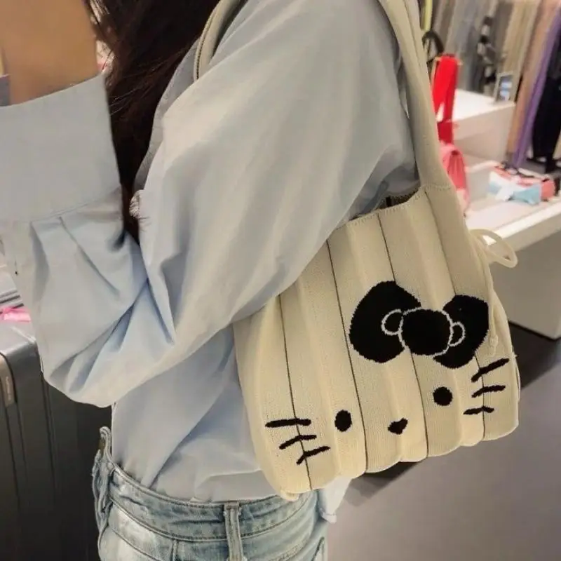 New Kawaii Sanrio Anime Knitted Handbag Cute Hello Kitty Cartoon Ins Fashion Large Capacity Elastic Pleated Bag Gifts for Girls