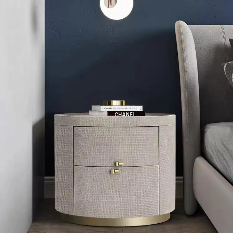 Italian minimalist all solid wood bedside table woven pattern light luxury oval rock slab high-end bedside table bedroom small s