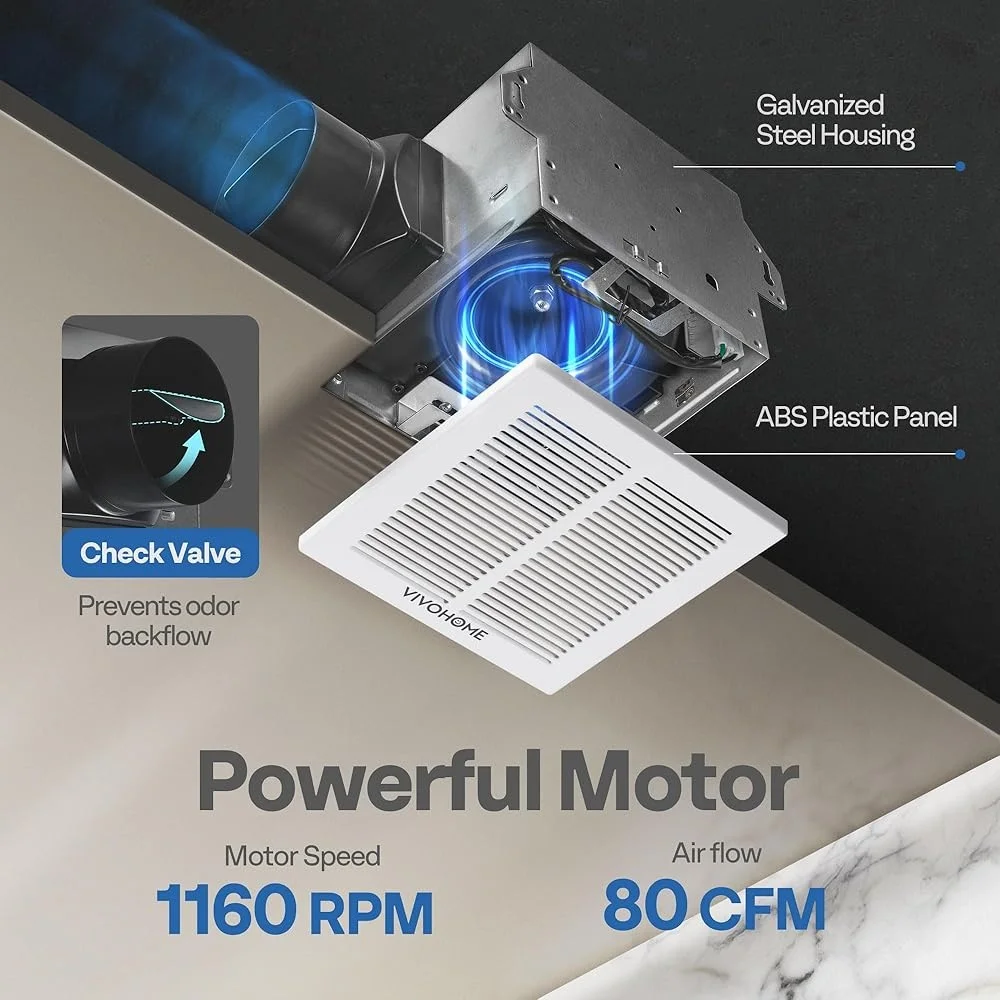 80 CFM Automatic Bathroom Exhaust Fan 1.5 Sone Humidity Sensor Ceiling Mount 4 Inch Duct Ventilation 95 Sq Ft Coverage