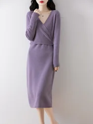 Women V-neck Dress Sweater Autumn Winter Lace-up Long Sleeve Pullover 100% Merino Wool Knitwear Cashmere Skirts Office Lady Knit