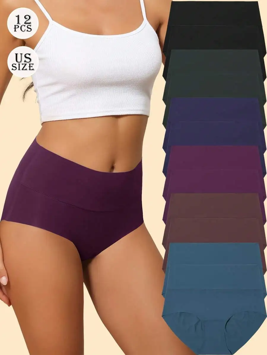 

12 Pcs Solid Seamless High Waist Briefs Women Comfortable Breathable Stretch Underwear