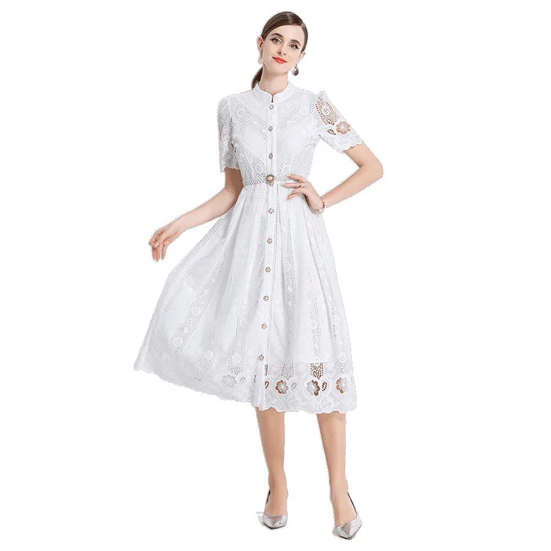 Dr di media lunghezza dimagrante con ricamo laser cavo Stampa lunga Sve Fibra di poliestere dr estiva lavorata a maglia da donna