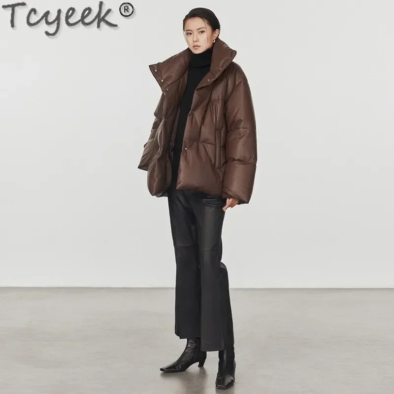 Tcyeek-Doudoune en cuir véritable pour femme, manteau chaud, cuir de mouton, coupe combinée, nouveau style, hiver