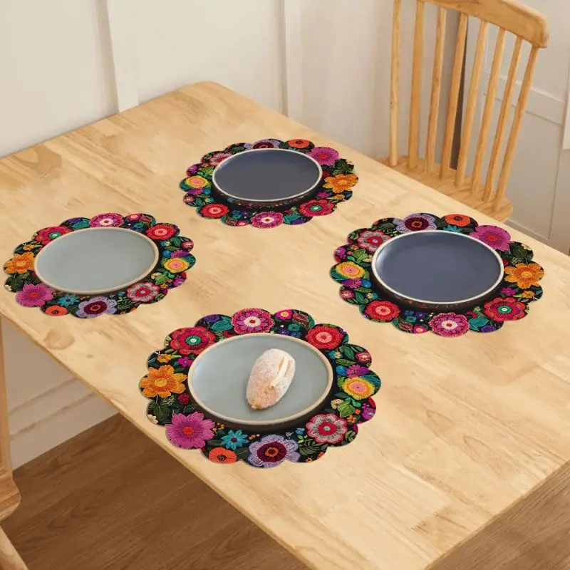 VIKAMA Boho Embroidered Floral Placemat Black Canvas Colorful Peony Daisy Folk Art Scalloped Edge Dining Table Mat Ethnic Decor