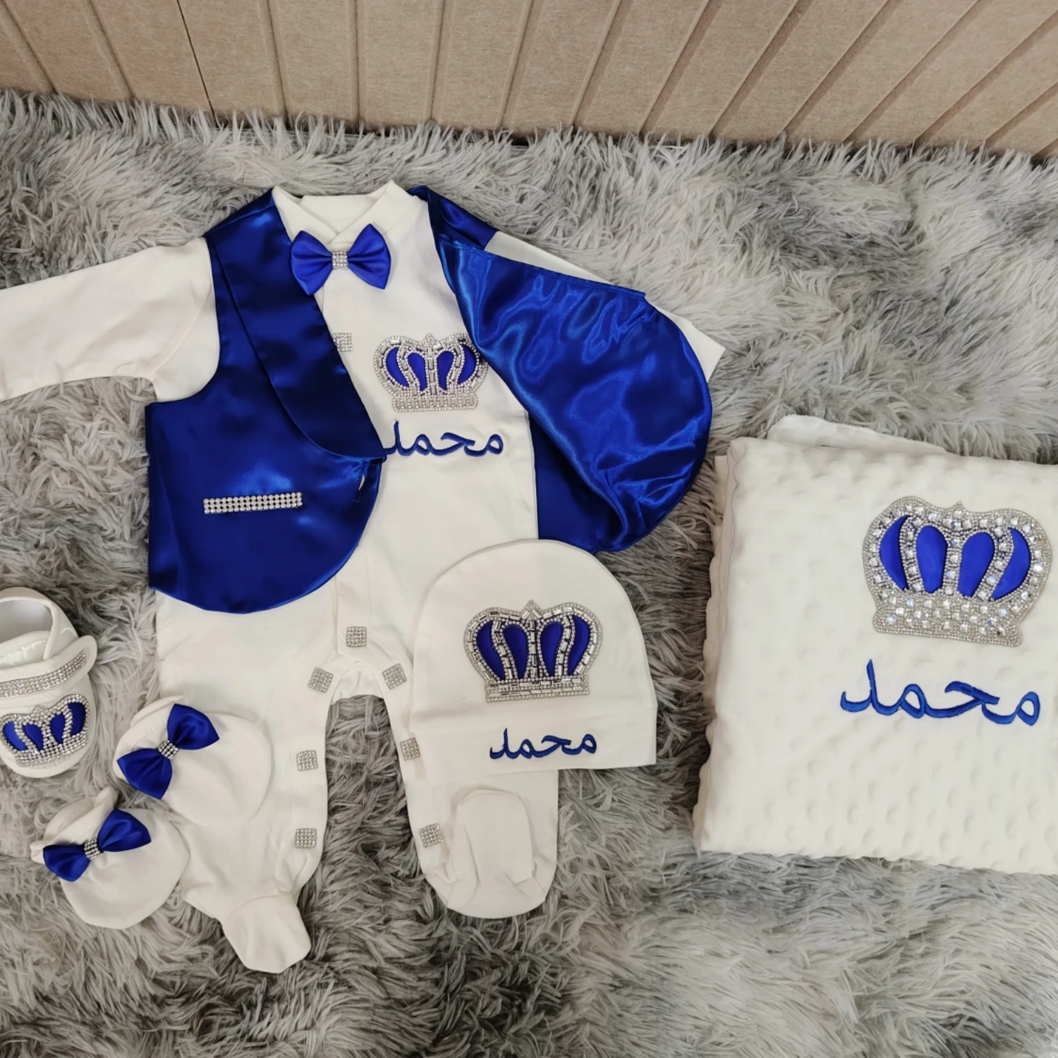 Custom Name Royal blue Baby Middle East Robe White Onesie with Blazer Vest 1st Birthday Arab costumes 0-1Y Jewelry Lattye Outfit