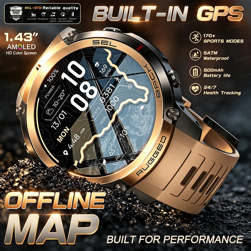 

Featuring Global 6-Satellite GPS Smart Watch Men Built-in Offline Map Altimeter Compass 5ATM Waterproof Outdoor HD Call Bracelet
