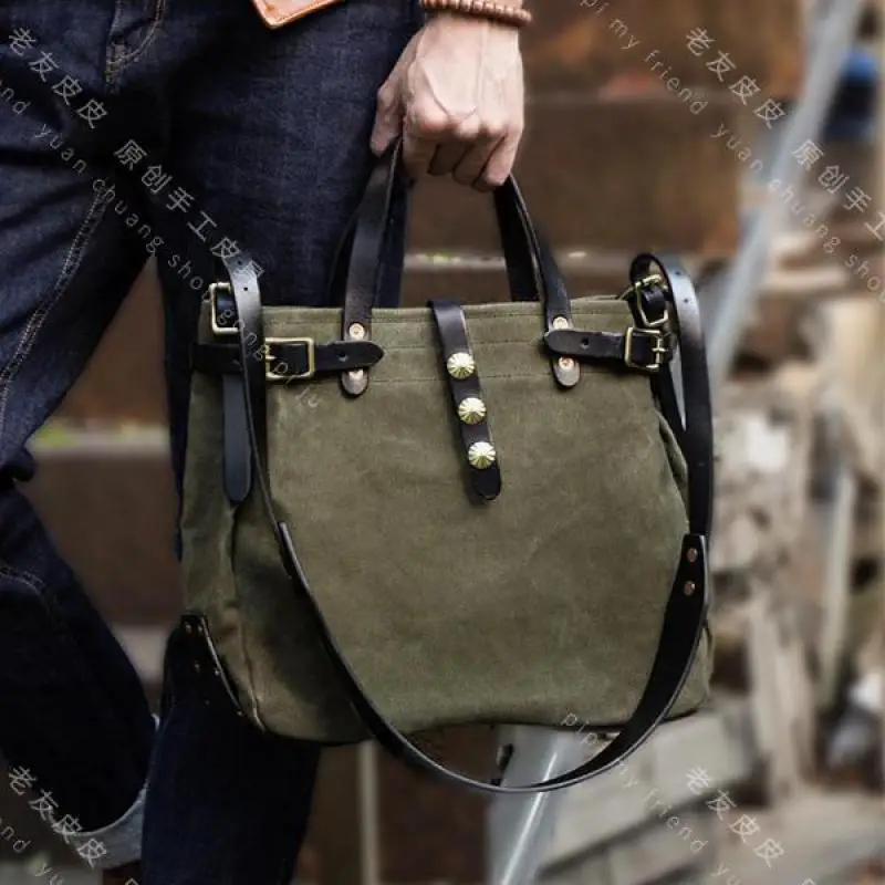 

American Retro Industry Heavy Canvas Splicing Cowhide Single Shoulder Crossbody Bag Horizontal Square Large Capacity Handbag New